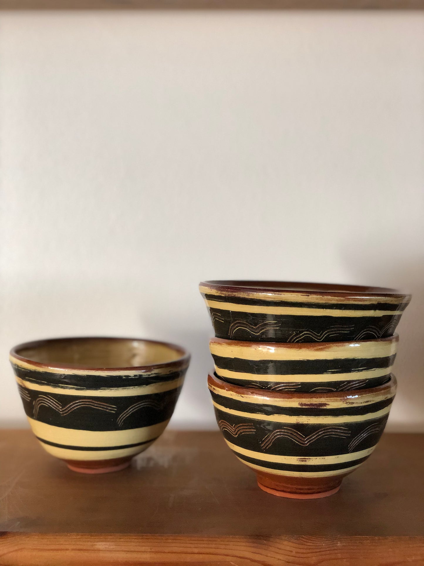set of 4 Sgraffito-glazed bowls