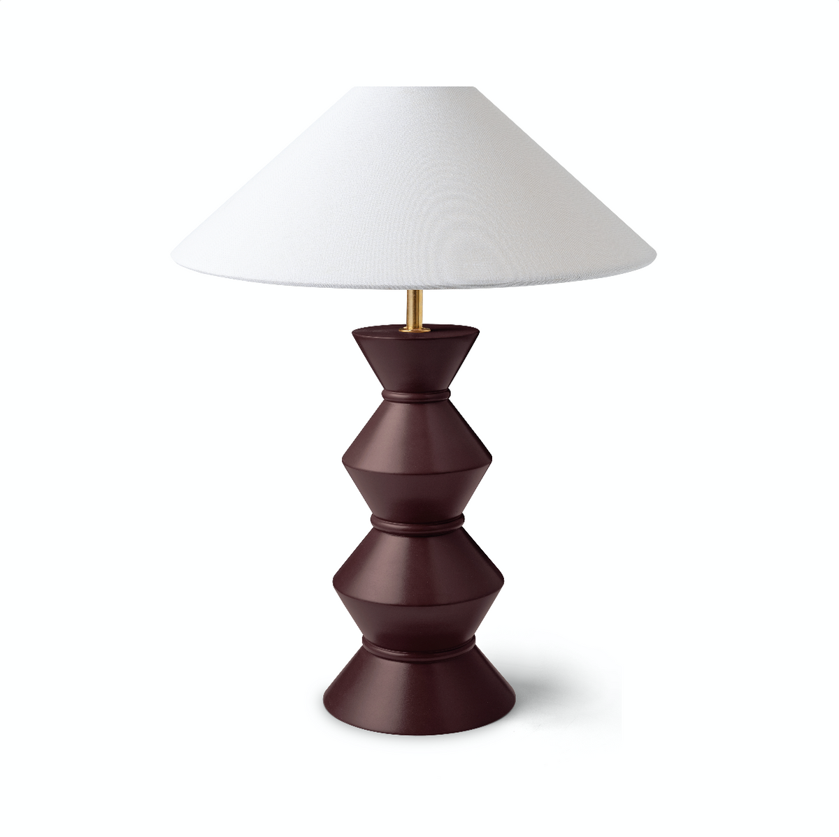 A table lamp with a dark cherry-brown geometric tiered base, a gold-finished neck, and a white conical fabric shade, shown on a plain white background.