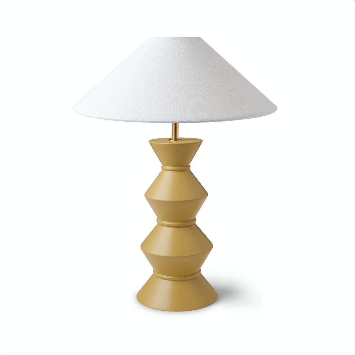 A modern table lamp with a textured white conical shade and a sculptural, stacked geometric base in a lacquered mustard ochre yellow finish, set against a plain white background.