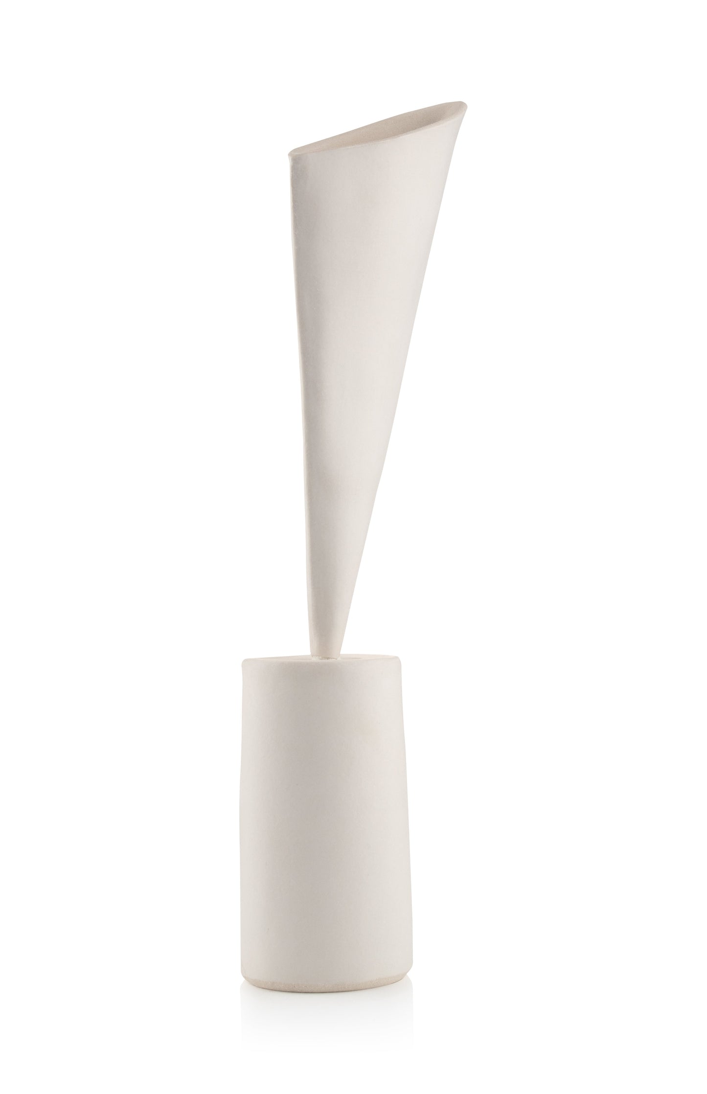 White ceramic sculpture with a unique design on a white background