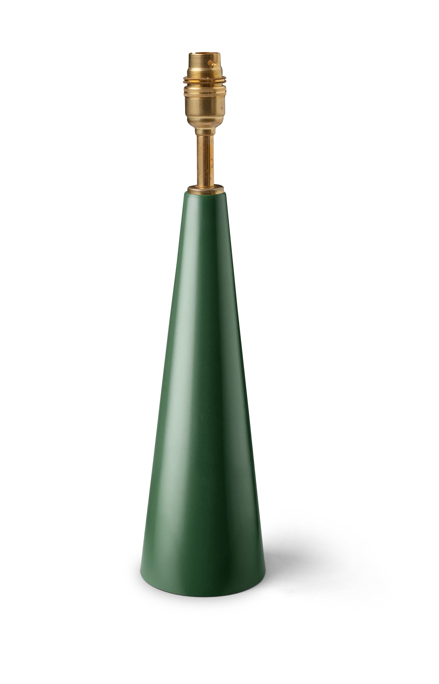 Green cone-shaped lampshade with brass fitting on a white background