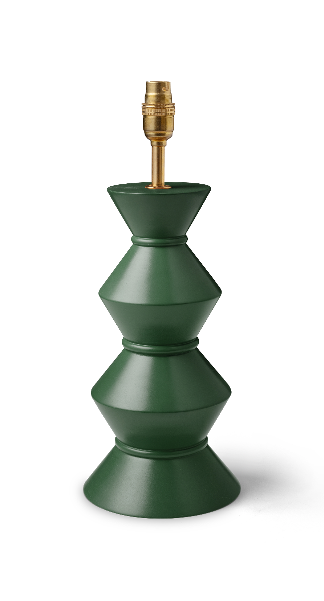 Green lamp base with gold fitting on a white background