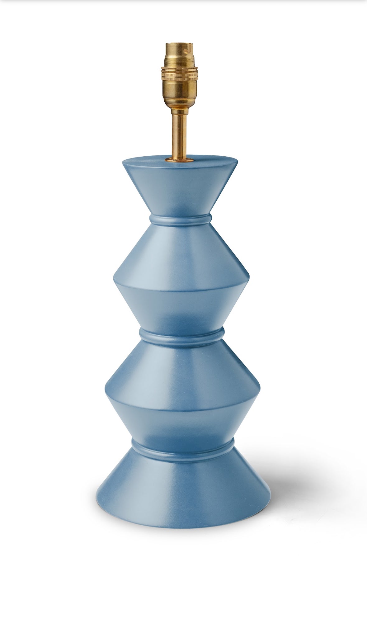 Blue lamp base with gold fitting on a white background